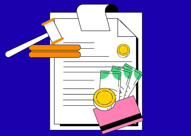 Undepayment, coins and banknotes on a document, gavel