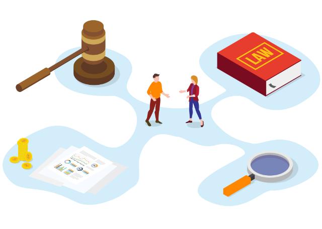 An image containing symbols of law, investigation and stats